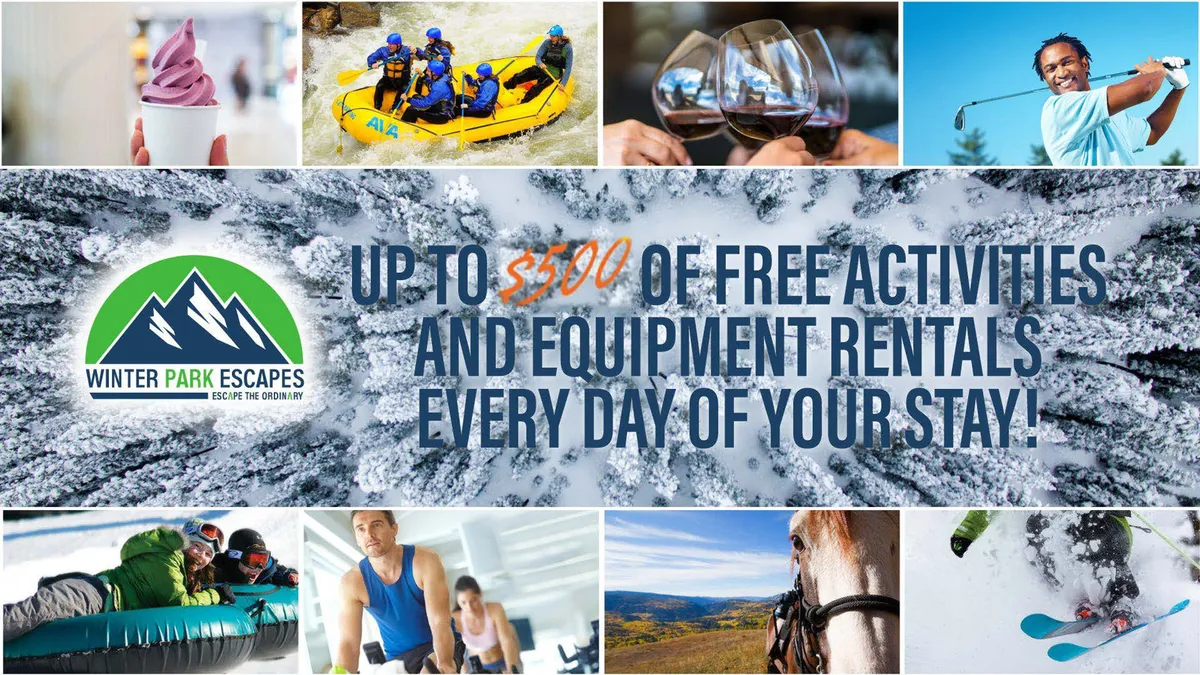 A vibrant exterior scene featuring a variety of outdoor activities such as skiing, snowboarding, rafting, horse riding, and enjoying local cuisine. The hustle and excitement of people engaging in different seasonal adventures is palpable, with equipment and gear visible, underscoring the section’s claim of curated activities and complimentary rentals.