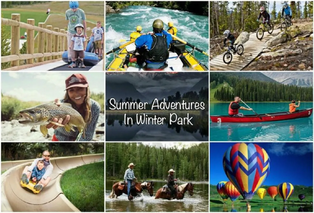 A colorful outdoor scene showcasing families partaking in a spectrum of summer activities: white-water rafting, biking along mountain trails, fishing, kayaking, horseback riding, and even hot air ballooning. The open landscapes and joyful expressions convey a sense of adventure and togetherness.