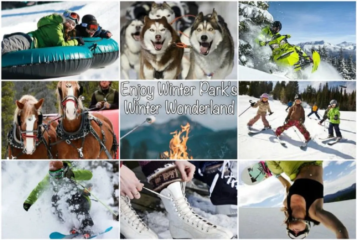 A lively winter scene featuring people enjoying snow tubing, dog sledding with huskies, snowmobiling, skiing, ice skating, gathering around a campfire, and children playing in the snow. The image is filled with joyful activity and the snowy landscape sets a vibrant, adventurous mood.